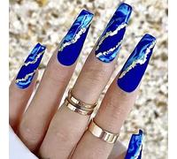 RUNRAYAY Brillant Bleu Presse sur les Ongles, Faux Ongles Extra Longs avec Feuille d'Or Design Carré Acrylique Pleine Couverture Clous de Cercueil 24 Pcs