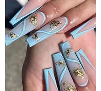 RUNRAYAY Cercueil Bleu Extra Long Press on Nails with Butterfly, Fake Nails with Gold Foil Design, Nails Acrylique Press on Stick on Nails for Women, 24Pcs