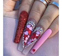 RUNRAYAY Coeur Rouge Faux Ongles, Presse Extra Longue sur les Ongles avec Strass, Coller sur les Ongles, Kit d'Art de Faux Ongles pour Femmes Filles 24Pcs