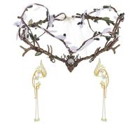 RUNRAYAY Couronne de fée verte et dorée, coiffe, boucles d'oreilles elfiques, feuille en strass, tiare elfique pour Halloween, médiéval, Renaissance, cosplay - C
