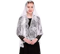 runrayay Écharpe en Dentelle Blanche, Foulard de Tête Voile de Chapelle Rectangulaire Spanis Floral Veils Wrap Shawl Mass Head Covering