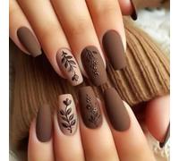 RUNRAYAY Faux ongles à presser en acrylique, carrés, moyens, à coller, avec motifs de feuilles d'arbre, faux ongles artificiels à coller pour femme