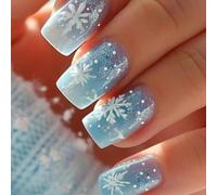 RUNRAYAY Faux ongles bleus courts, carrés, nude, motif flocon de neige, kit d'ongles adhésifs naturels et réutilisables pour femme