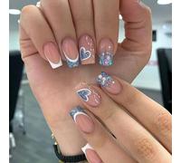 RUNRAYAY Faux ongles longs en acrylique motif cœur, motif automne, couleur amande, bleu, couverture complète, pour femme