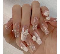 RUNRAYAY Flower Press on Nails Long with Pearl, French Fack Nails for Girls, Acrylique Nude Nail Press on for Women and Girls 24Pcs