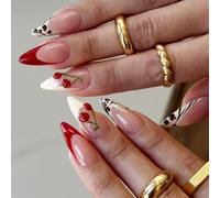 RUNRAYAY French Tip Press on Nails Amond, ongles moyens presser ONS avec conception de cerise, bâton sur les ongles pour les femmes Gift, Stick Glossy sur les ongles suprêmement ajusté