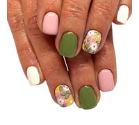 RUNRAYAY French Tip Press on Nails Short, Green Flower Press on Nails Coffin for Mother Day Gift, Nail Tips, Glitter Fake Nails Stick on Nails