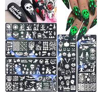 RUNRAYAY Halloween Nail Art Stamping Plaques, 6Pcs Halloween Nail Stamp Plaque Modèles Citrouille Grimace Crâne Oeil Vacances Fête Manucure Pochoirs Outil De Conception