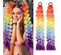 RUNRAYAY Lot de 2 Extensions de Cheveux Colorées Légères de 60 cm pour Enfants, Queue de Cheveux Boule à Bande Élastique, Accessoires pour Journée Cheveux Fous, Fêtes et Rave Filles - Violet et Rouge
