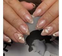 RUNRAYAY Lot de 24 faux ongles 3D à presser en amande, couleur chair moyenne, doré, kit réutilisable avec languettes adhésives, ajustement naturel pour salon de coiffure - B