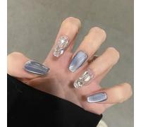 RUNRAYAY Lot de 24 faux ongles à pression avec strass bleus, couverture complète, moyens, dégradés, pour femmes et filles - E