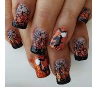 RUNRAYAY Lot de 24 faux ongles autocollants Halloween avec motif toile d'araignée de sorcière, courts et ronds, réutilisables, couverture complète