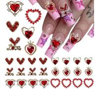 RUNRAYAY Lot de 30 breloques pour ongles en forme de cœur - Strass métalliques 3D pour ongles en acrylique - Breloques brillantes en cristal d'amour pour femmes et filles - Fournitures de décoration