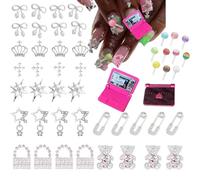 RUNRAYAY Lot de 48 breloques argentées pour ongles Y2K, style mixte, alliage, étoile, couronne, bonbon, croix, ours, breloques pour nail art, métal brillant, pour femmes et filles, manucure DIY