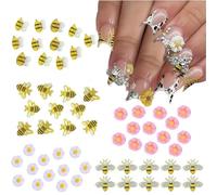 RUNRAYAY Lot de 50 breloques pour ongles abeilles, marguerites, pierres précieuses 3D en alliage doré, strass pour ongles printemps-été, marguerites et tournesols