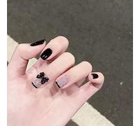 RUNRAYAY Noir & Argent Press On Nails Short avec Bow Nail Charms, French Tips Acrylique Fack Nails pour Filles Femmes, Coffin Short Nails Press On pour Salon Perfect Nails
