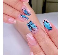 RUNRAYAY Nude French Medium Fake Nails, Press on False Nails with Butterfly Design, Blue Coffin Acrylique Full Cover Nails Tips for Women & Girls 24Pcs