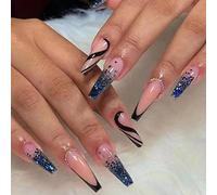 RUNRAYAY Nude Press on Nails with Sequins, Blue Coffin Long Fake Nails Acrylique Gradient False Nails, Marble Full Cover Stick on Nails for Women Girls