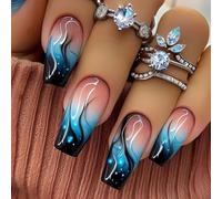 RUNRAYAY Ongles à coller carrés bleus, ongles autocollants motif fleur, halo, flamme, faux ongles d'été, kit de faux ongles en acrylique réutilisables pour femmes