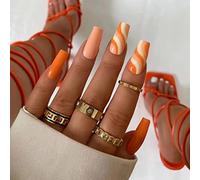 RUNRAYAY Orange Line 24Pcs Press on Nails, Long Fake Nails Acrylic Ballet French Glue on Nails Design Nail for Women and Girls