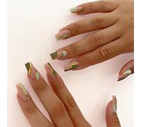 RUNRAYAY Presse Verte et Rose Sur les Ongles Longs avec une Ligne de Feuille D'Or, Faux Ongles Français avec Vague Design, Nude False Nails Stick On Nail For Women Girls DIY Nail Manucure