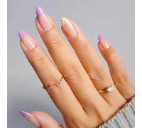 RUNRAYAY Purple Flower French Press on False Nails, Long Fake Nail with Daisy Pattern, Nude Coffin Acrylique Full Cover Nails Tips for Women & Girls 24Pcs