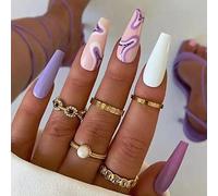 RUNRAYAY Purple Waves Long Press on Nails, Coffin Fake Nails Matte False Nails, Glue on Nails Acrylic with Design Full Cover French Tips for Women Girls