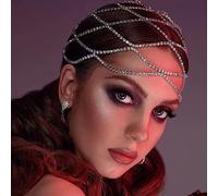 RUNRAYAY Rhinestone Mesh Headpiece Cap, Silver Roaring 1920S Belly Dance Crystal Flapper Head Chain Bridal Party Bridal Party Hair Accessories for Women Costume Party