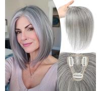 RUNRAYAY Toppers de cheveux humains pour femme, 25,4 cm avec postiches clairsemées, couverture 360° 3D pour femme avec frange, cheveux humains pour couvrir les racines grises