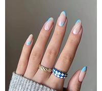 RUNRAYAY Wave Blue & White French Press On Nails Long avec Motif de Lignes, Nail Tips Stick Glue On Nail Faux Ongles pour Femmes Acrylique Couverture Complète Cercueil Ongles 24 Pcs Nail Art Kit