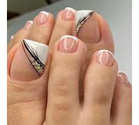 RUNRAYAY White French Tip Press On Toenail avec Nail Strass, Faux Ongles D'Orteil Press Ons Couverture Complète Ongles de Pied Artificiels pour Salons de Manucure et DIY Nail Art Été 24 Pcs