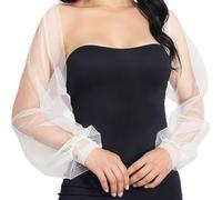 RUNRAYAY White Tulle Shawls One-Shoulder Tulle Shawl Detachable Bridal Capelets with Sleeves, Soft Tulle Evening Dress Shawl Pearls Wedding Capes - E