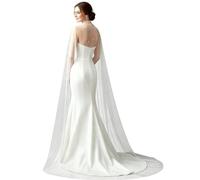 RUNRAYAY Women's Long Chiffon Bridal Cape Wedding Veil, Pearl Tulle Shawl Wrap Shrug Elegant Wedding Cape Dress Cover Up for Women Girls, A