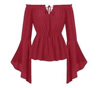 Runstarshow Chemisier médiéval victorien à épaules dénudées pour femme - Chemise de pirate vintage - Tunique à manches cloches - Style gothique steampunk - Tailles S à XXL