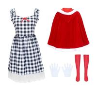 Runstarshow Costume de Noël pour femme - Cape à capuche en velours rouge - Robe à carreaux - Gants - 4 pièces - Tailles 36 à 48 (S-XXL)