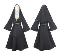 Runstarshow Costume d'Halloween pour femme - Robe gothique noire - Coiffe de nonne blanche - Ceinture croisée dorée - 5 pièces - Tailles 34 à 46 (XS-L)