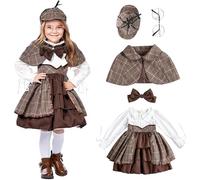 Runstarshow Costume victorien de détective pour fille - Costume d'Halloween 5 pièces - Robe, casquette, cape, nœud papillon et lunettes - Âge 2 à 12 ans
