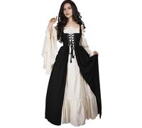 Runstarshow Robe Renaissance pour femme - Costume de paysan médiéval pour Halloween - Style victorien - Robe corset à lacets avec manches cloches - Grande taille S-5XL