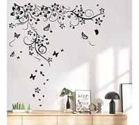 Runtoo Sticker Muraux Fleurs et Papillons Autocollant Mural Vigne Noir Amovible Deco Stickers Chambre Enfant Salon Tete de Lit Decoration