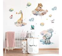 Runtoo Stickers Muraux Animaux Aquarelle Nuage Autocollant Mural Lion Girafe Éléphant Deco Stickers Chambre Enfants Bébé Décoration