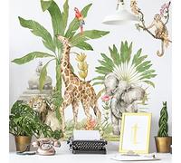 Runtoo Stickers Muraux Animaux de la Jungle Autocollant Mural Forêt Palmier Tropical Feuilles Éléphant Girafe Deco Stickers Chambre Enfants Bébé Salon Décoration