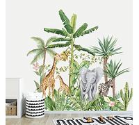 Runtoo Stickers Muraux Animaux de la Jungle Forêt Autocollant Mural Palmier Tropical Éléphant Girafe Deco Stickers Chambre Enfants Bébé Salon Décoration
