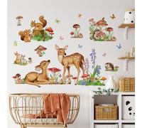 Runtoo Stickers Muraux Animaux Foret Autocollant Mural Jungle Biche Fleurs Deco Stickers Chambre Enfants Fille Garçon Bébé Décoration
