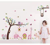 Runtoo Stickers Muraux Animaux Foret Jungle Rose Autocollant Mural Arbre Lion Girafe Éléphant Deco Stickers Chambre Enfants Fille Garçon Bébé Décoration