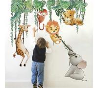 Runtoo Stickers Muraux Animaux Jungle Safari Autocollant Mural Forêt Feuilles de Palmier Lion Girafe Deco Stickers Chambre Enfants Bébé Salon Décoration