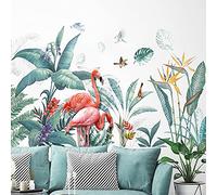 Runtoo Stickers Muraux Autocollant Flamant Rose Mural Deco Feuilles de Palmier Tropicales Plantes Stickers Salon Chambre Enfants Bébé Décoration