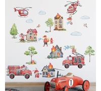 Runtoo Stickers Muraux Camion de Pompier Autocollant Mural Animaux Pompier Deco Stickers Chambre Enfants Bébé Décoration