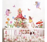 Runtoo Stickers Muraux Fée Champignons Autocollant Mural Elfes Papillon Fleurs Deco Stickers Chambre Enfants Bébé Fille Décoration