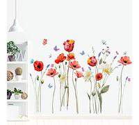 Runtoo Stickers Muraux Fleurs Coquelicots Autocollant Mural Aquarelle Floral Rouge Deco Stickers Salon Chambre Enfants Bébé Décoration