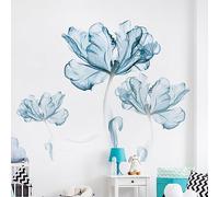 Runtoo Stickers Muraux Fleurs Coquelicots Autocollant Mural Floral Aquarelle Bleu Deco Stickers Salon Salle de Bain Chambre Décoration
